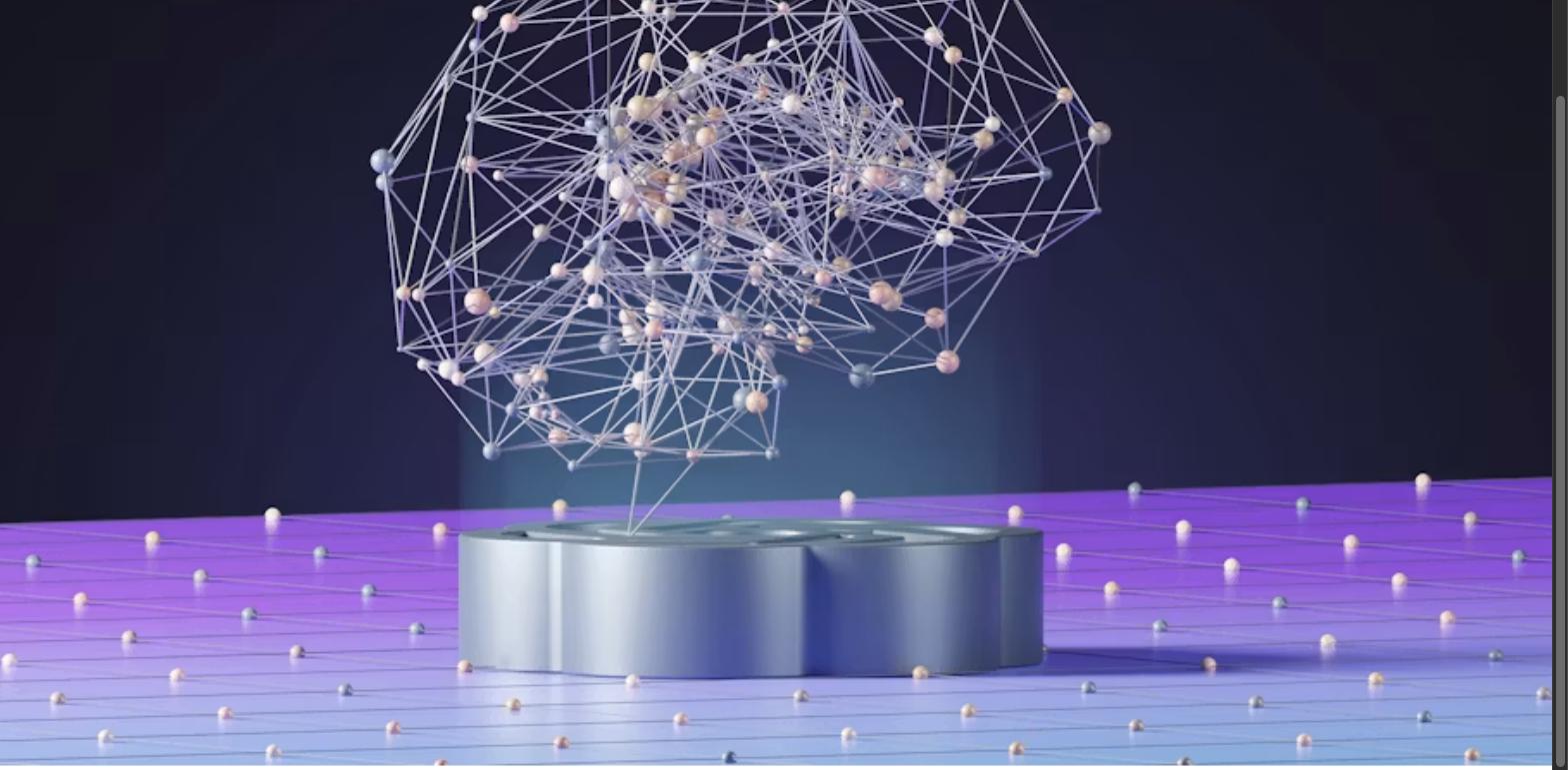 3D render of a glowing neural network hologram floating above a pedestal, representing how AI predictive analytics models forecast real estate market trends