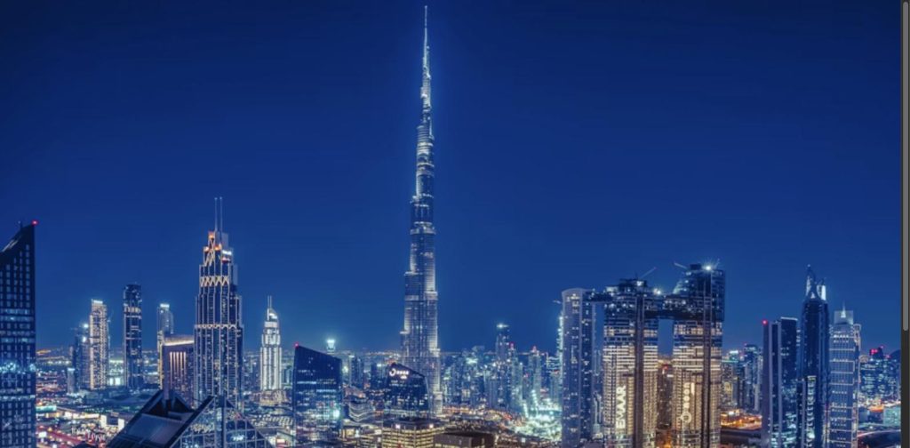 Burj Khalifa and Downtown Dubai skyline illuminated at night, representing the AI-driven transformation of Dubai's real estate investment market