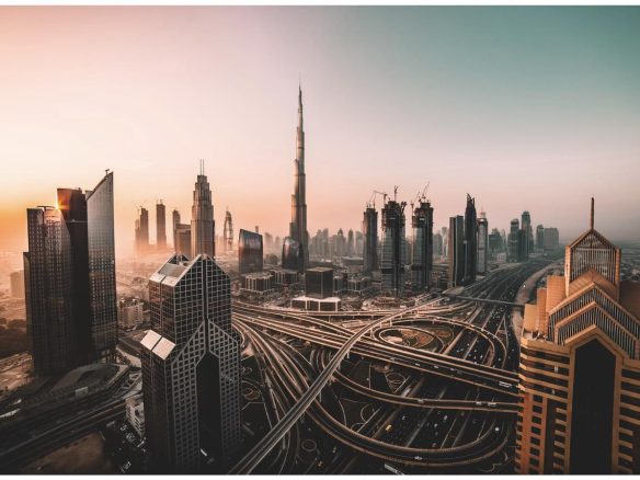 Downtown Dubai skyline at sunrise with Burj Khalifa, illustrating the real estate market where tokenized property investment is emerging
