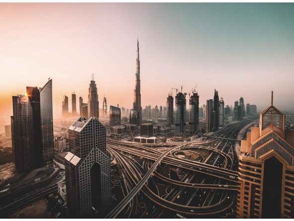 Downtown Dubai skyline at sunrise with Burj Khalifa, illustrating the real estate market where tokenized property investment is emerging